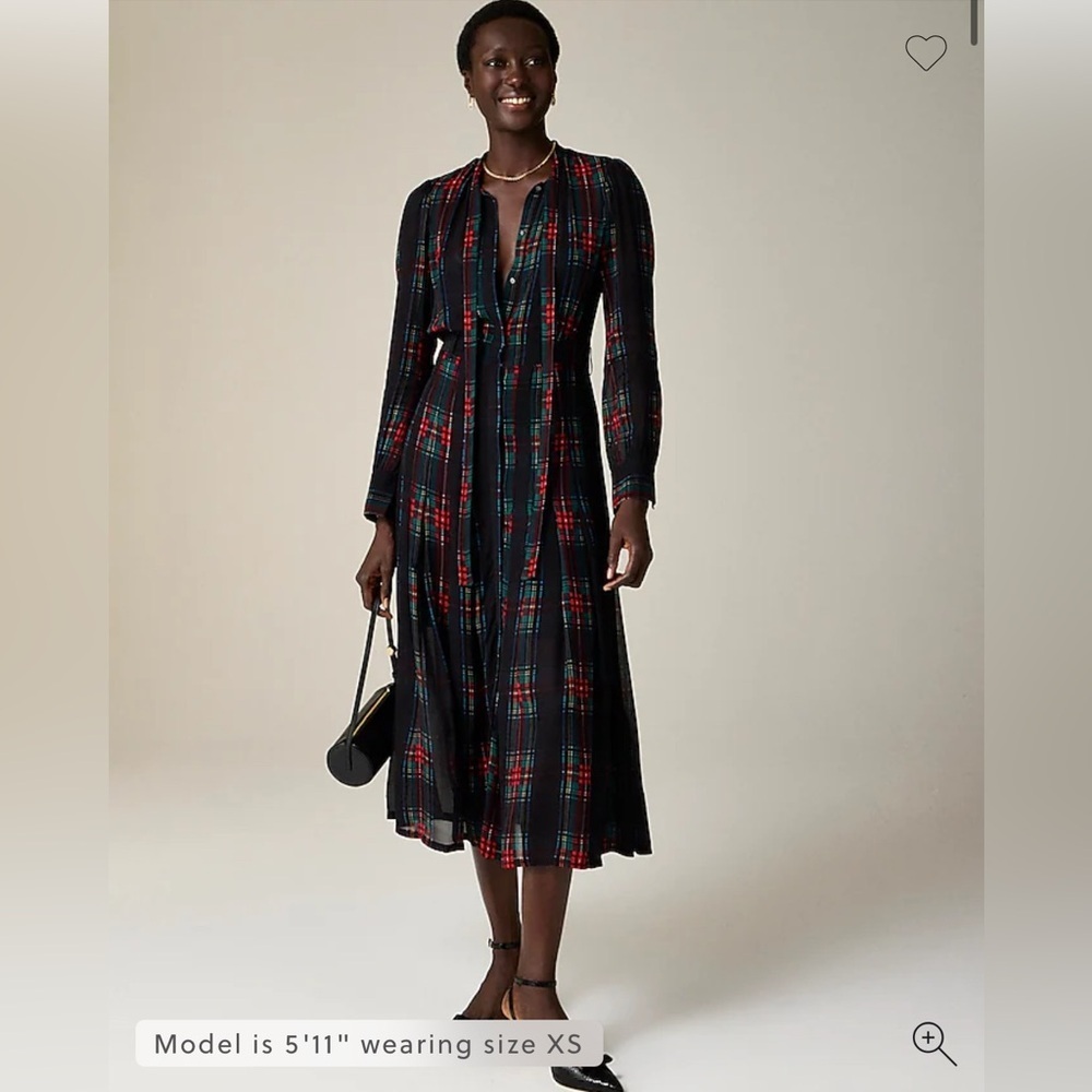 J. Crew Tie-neck dress in Stewart tartan viscose chiffon, XS, NEW WITH TAGS